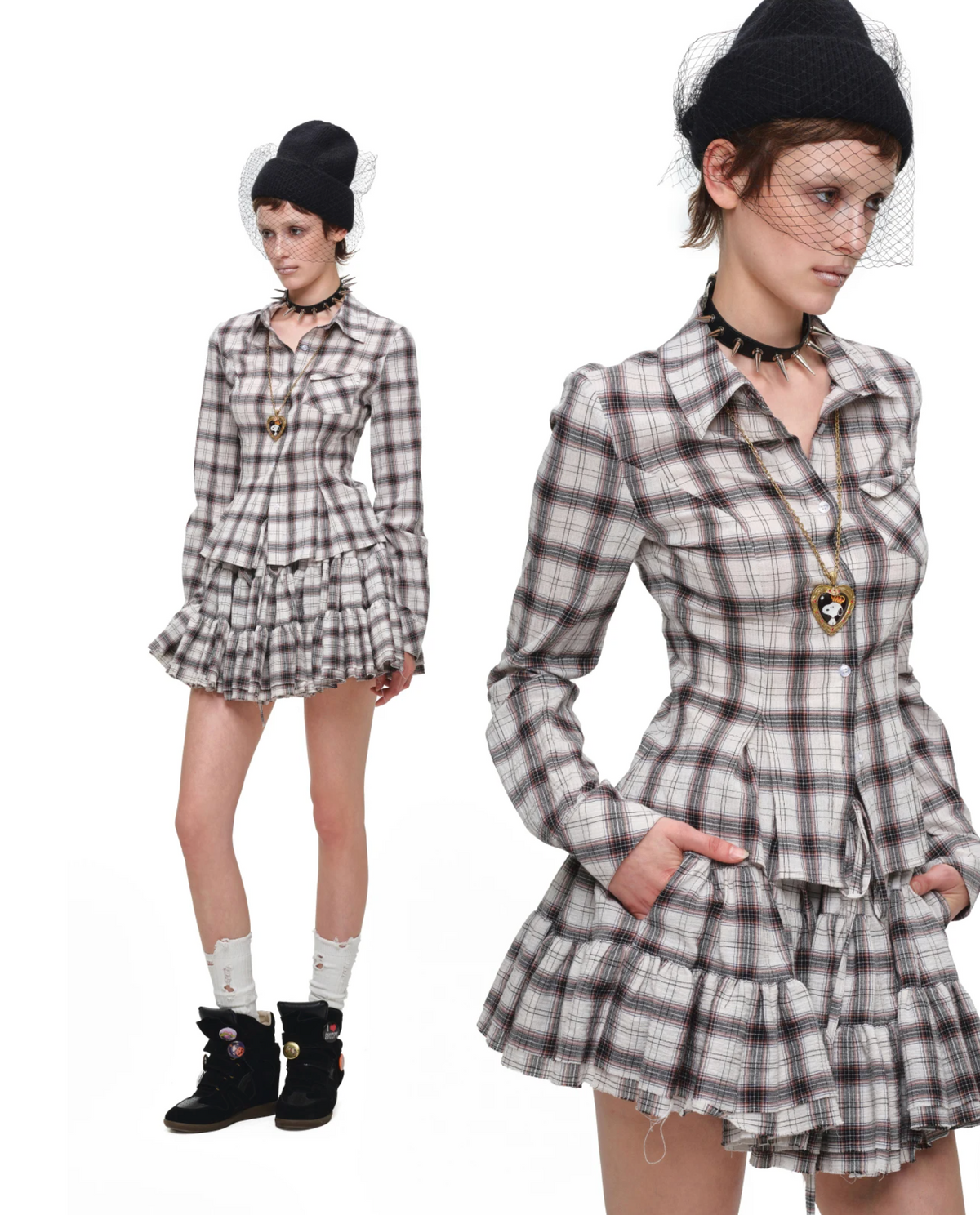 GRUNGE CHECK SHIRT & MINI SKIRT – BEIGE PLAID