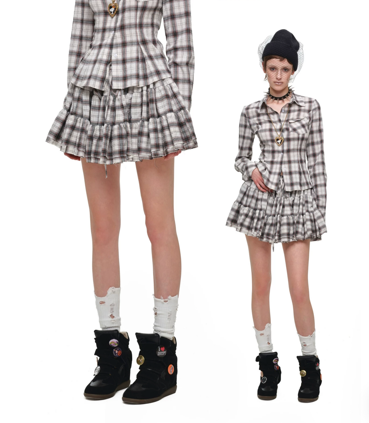GRUNGE CHECK SHIRT & MINI SKIRT – BEIGE PLAID