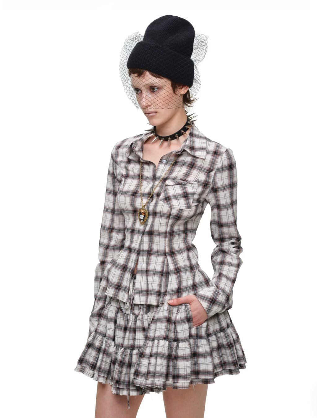 GRUNGE CHECK SHIRT & MINI SKIRT – BEIGE PLAID