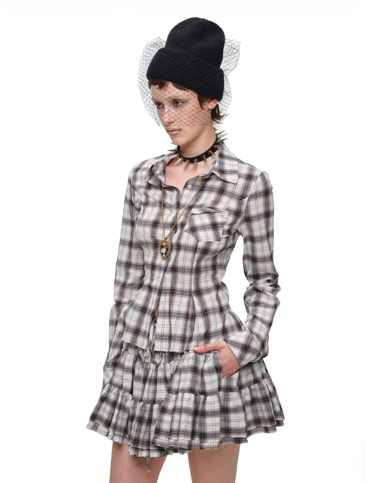 GRUNGE CHECK SHIRT & MINI SKIRT – BEIGE PLAID