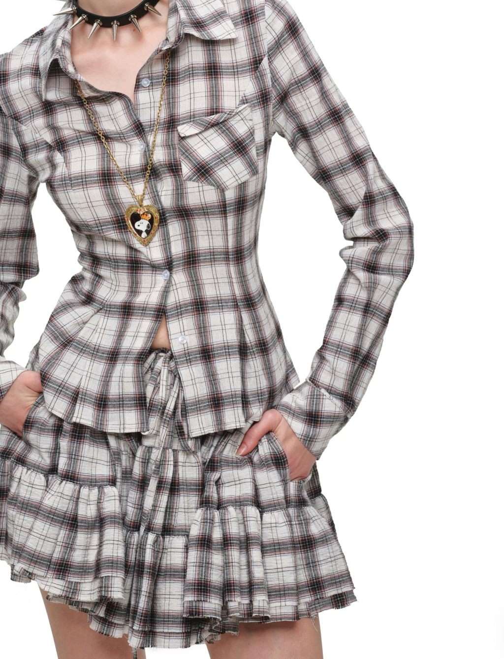 GRUNGE CHECK SHIRT & MINI SKIRT – BEIGE PLAID