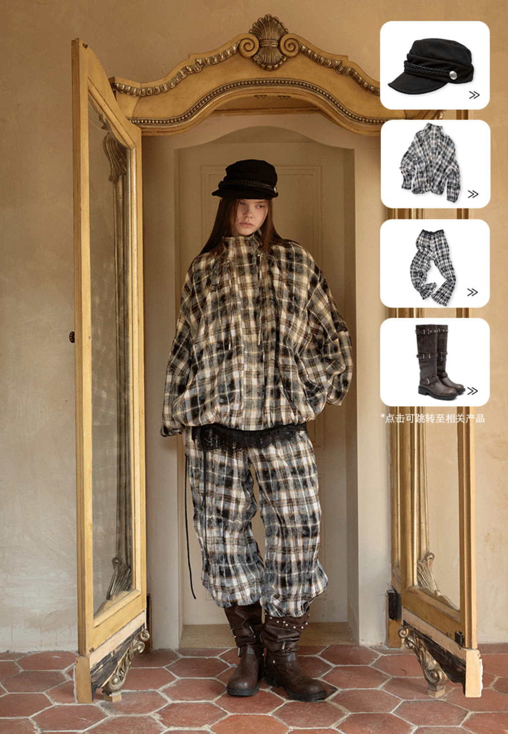 🇹🇭CHECK♱ チェックシャーリング ジャケット＆フレアパンツセット