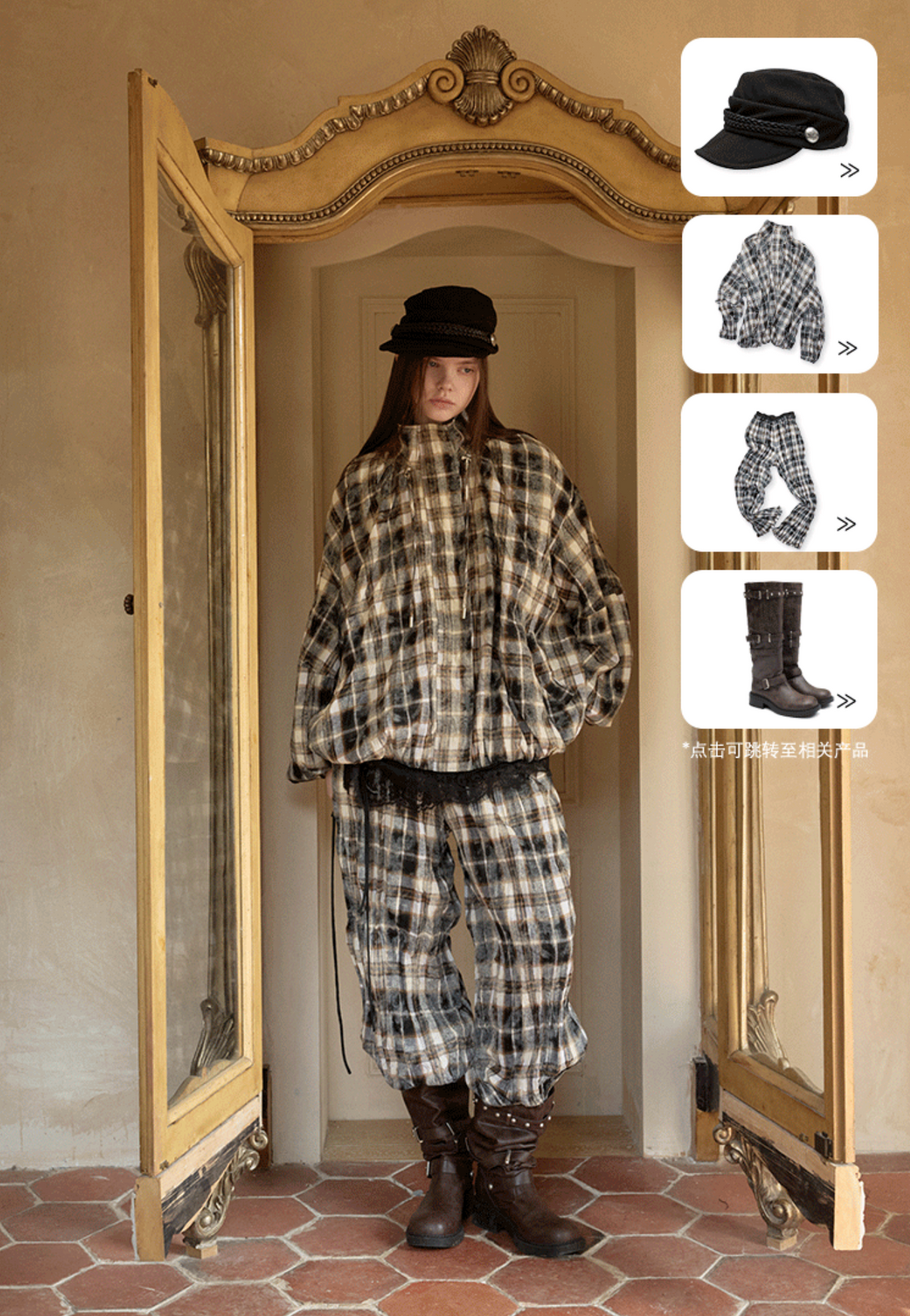 🇹🇭CHECK♱ チェックシャーリング ジャケット＆フレアパンツセット