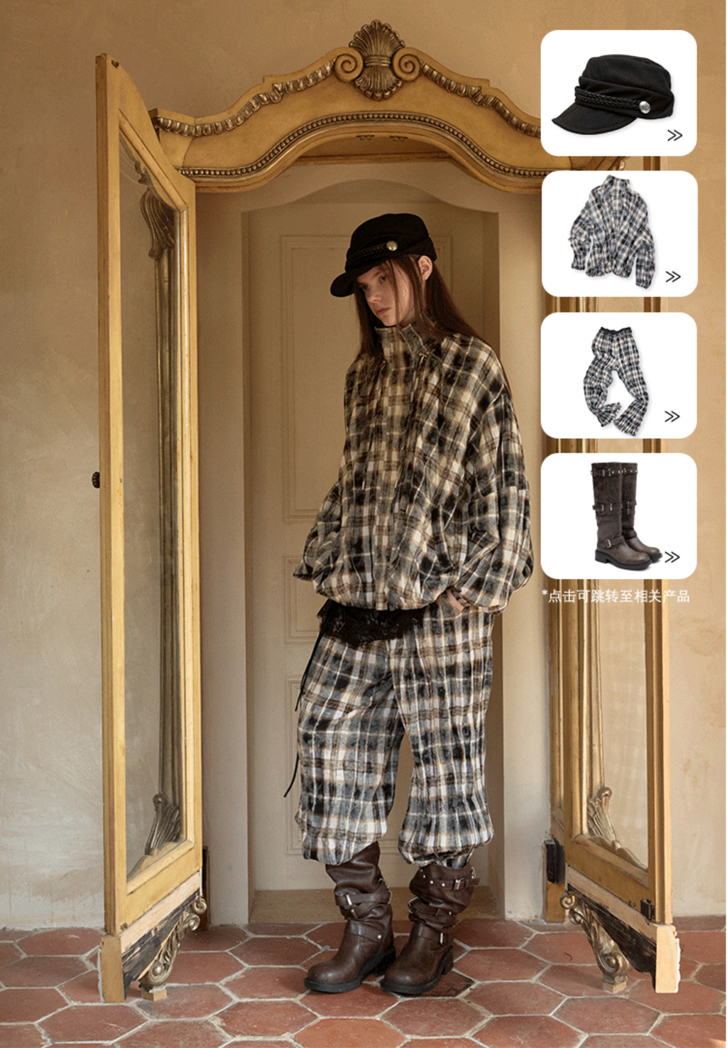 🇹🇭CHECK♱ チェックシャーリング ジャケット＆フレアパンツセット