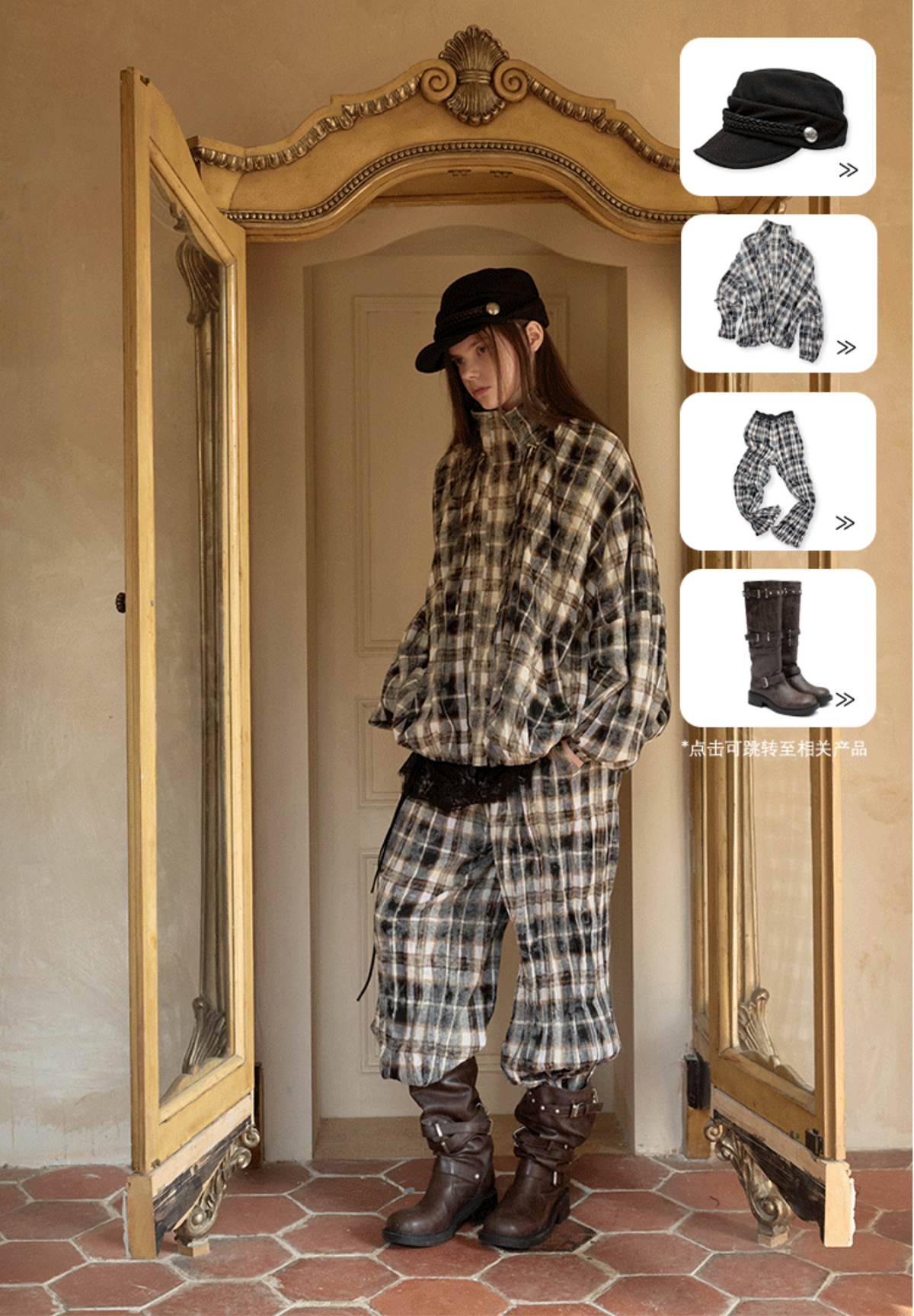 🇹🇭CHECK♱ チェックシャーリング ジャケット＆フレアパンツセット