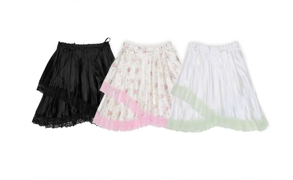 ASYMMETRIC LACE PLEATED MIDI SKIRT – 3colors
