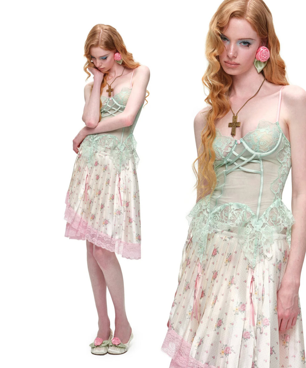 ASYMMETRIC LACE PLEATED MIDI SKIRT – 3colors