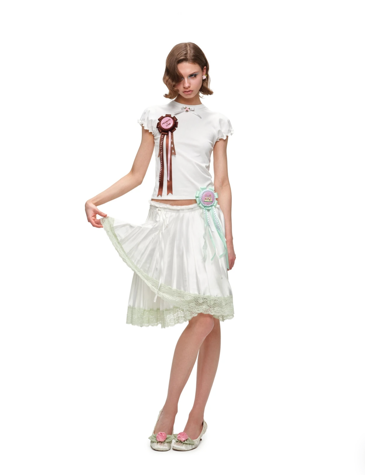 ASYMMETRIC LACE PLEATED MIDI SKIRT – 3colors