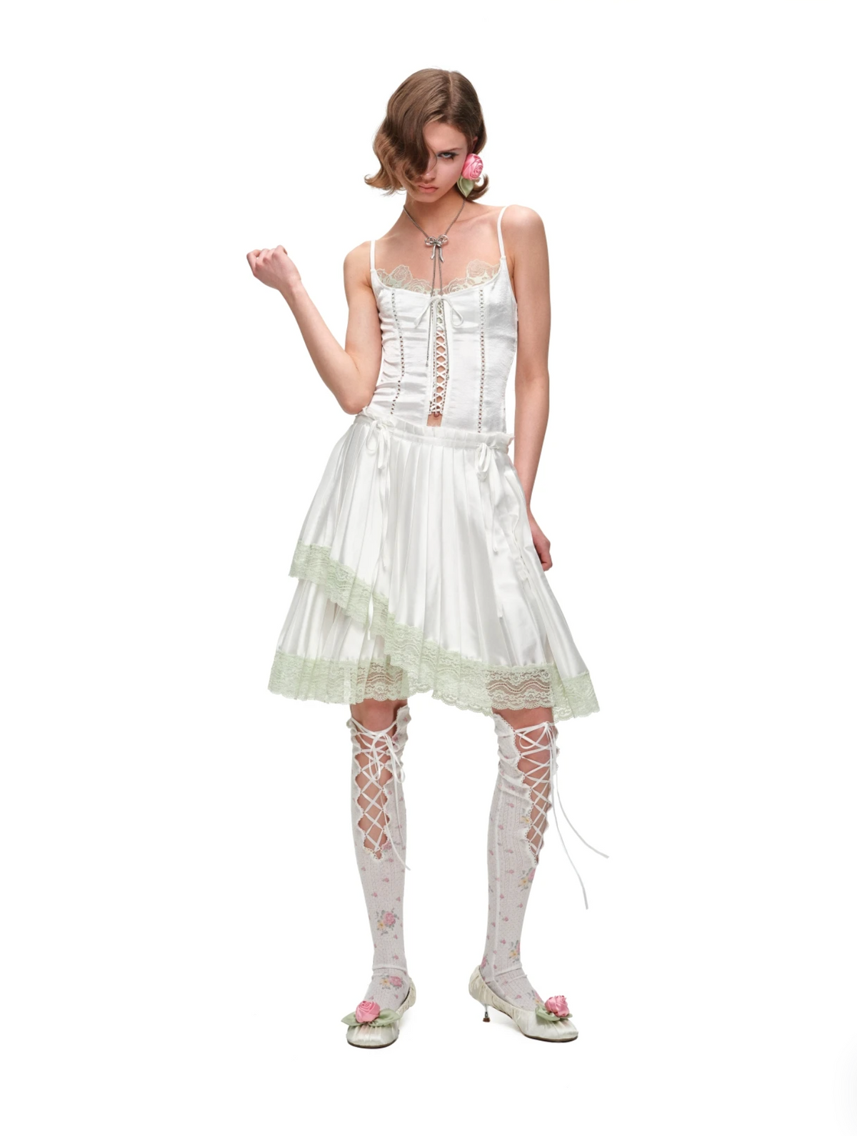ASYMMETRIC LACE PLEATED MIDI SKIRT – 3colors