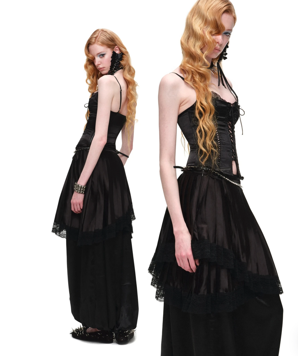 ASYMMETRIC LACE PLEATED MIDI SKIRT – 3colors