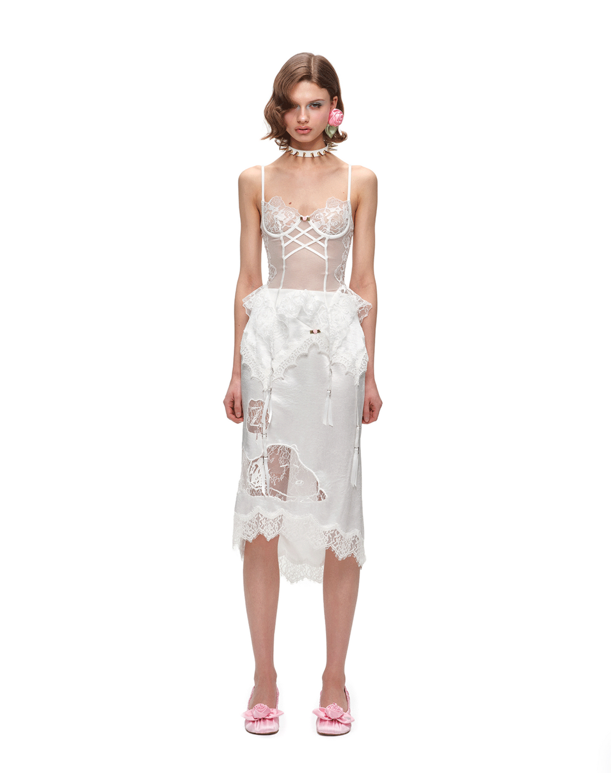 SLEEPING SNOOPY DOG ASYMMETRIC LACE SATIN MIDI SKIRT