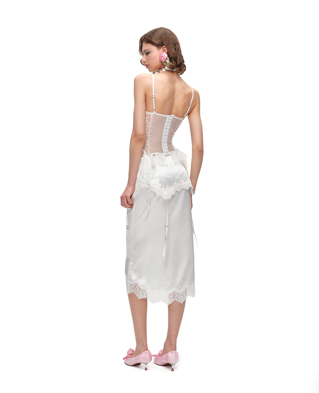SLEEPING SNOOPY DOG ASYMMETRIC LACE SATIN MIDI SKIRT