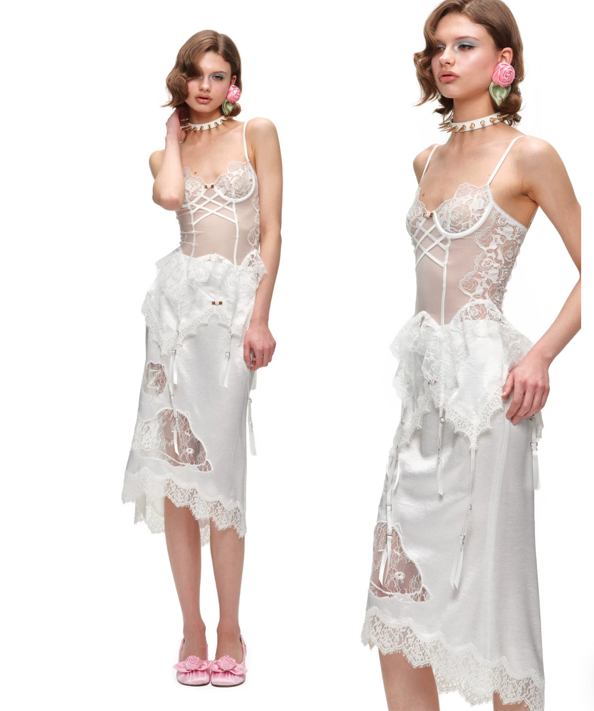 SLEEPING SNOOPY DOG ASYMMETRIC LACE SATIN MIDI SKIRT