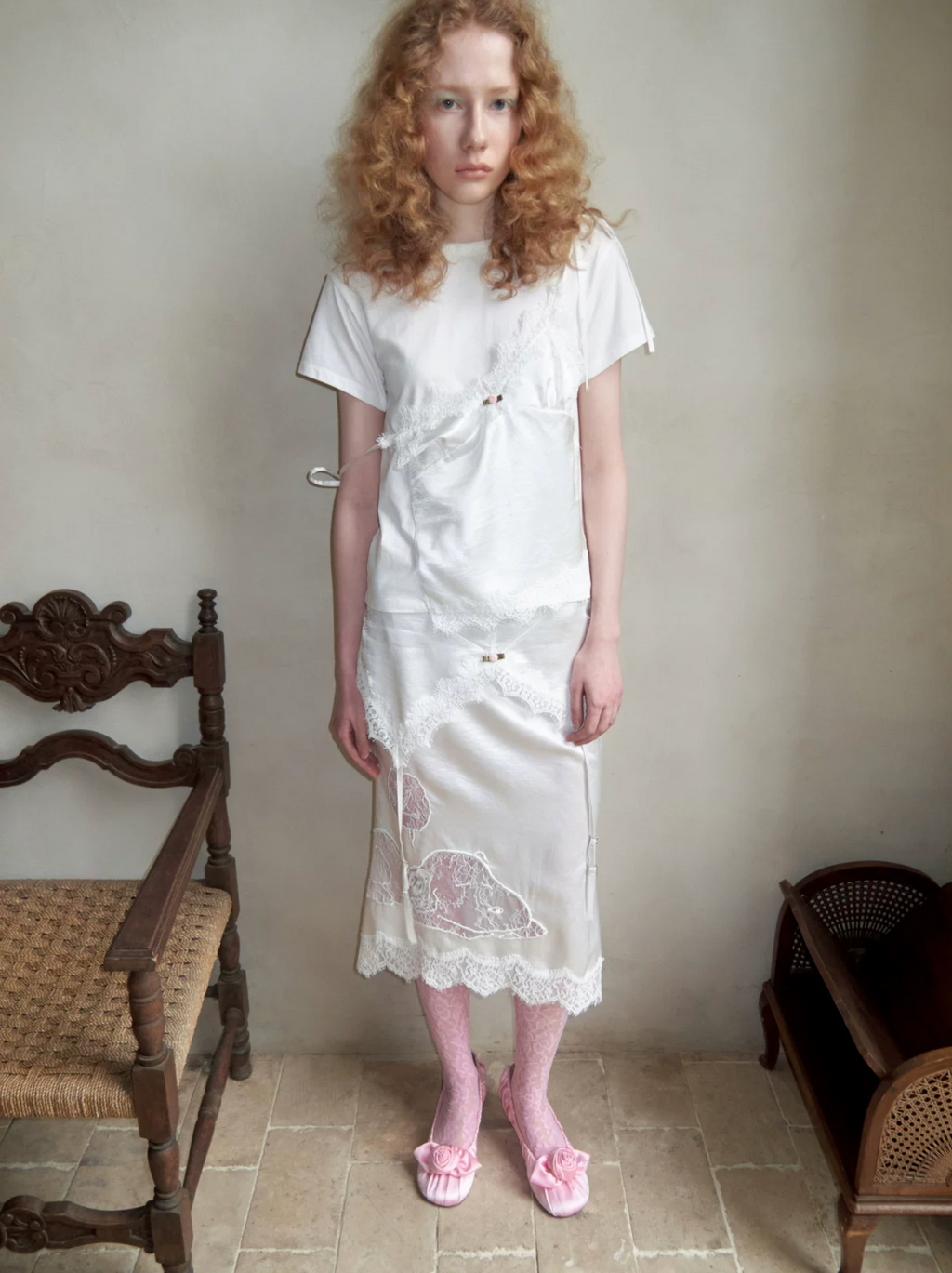 SLEEPING SNOOPY DOG ASYMMETRIC LACE SATIN MIDI SKIRT