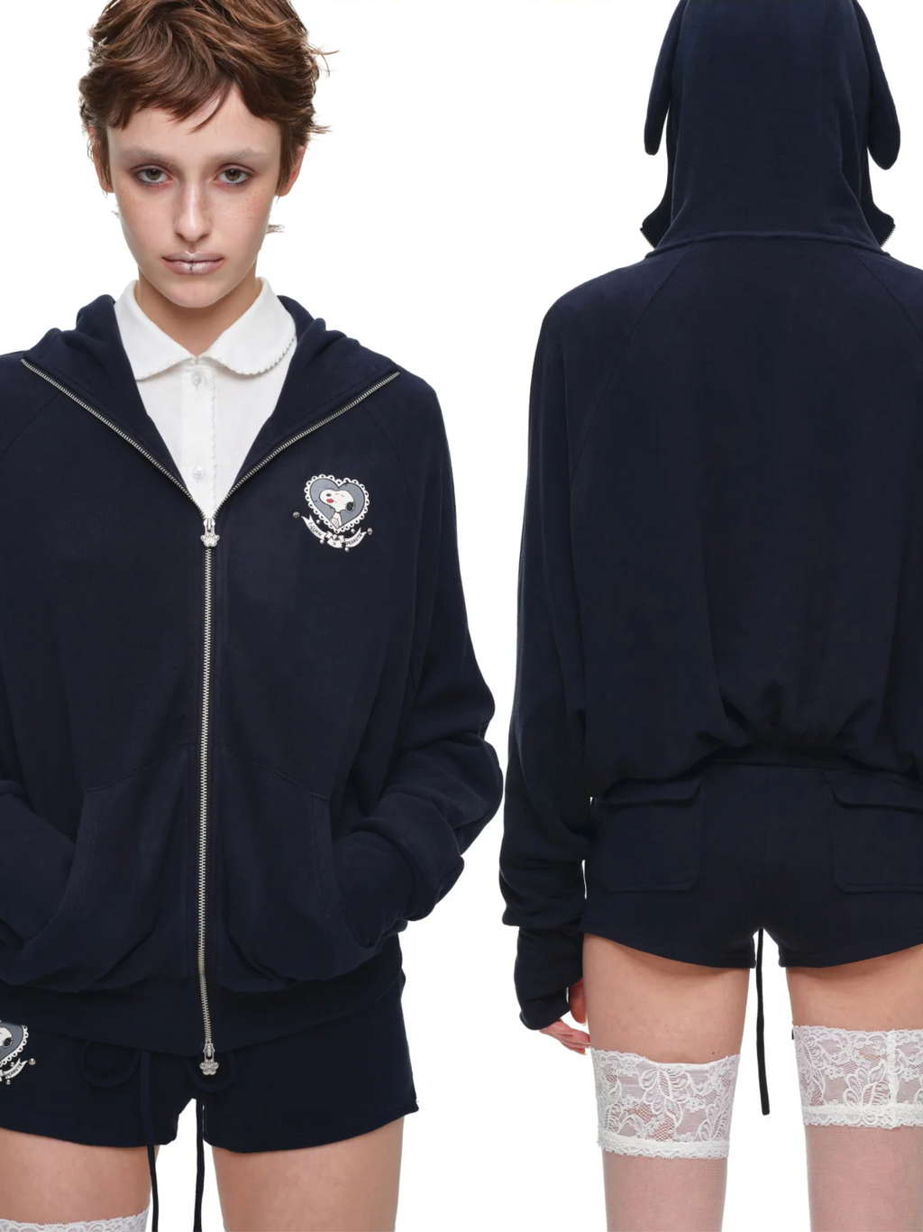 BUNNY EAR ZIP-UP HOODIE & DRAWSTRING MINI SHORTS SET – 2colors