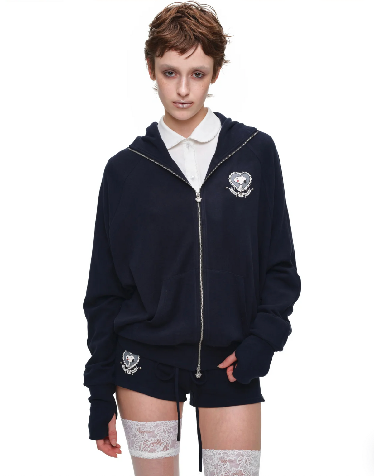 BUNNY EAR ZIP-UP HOODIE & DRAWSTRING MINI SHORTS SET – 2colors
