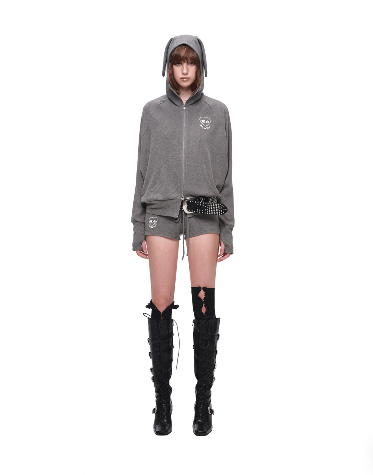 BUNNY EAR ZIP-UP HOODIE & DRAWSTRING MINI SHORTS SET – 2colors