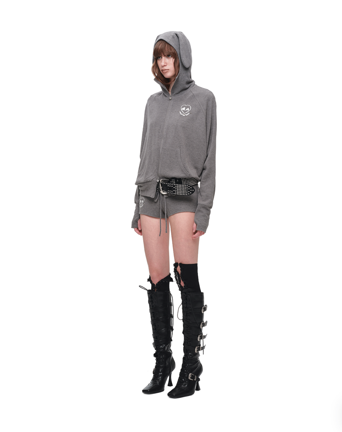 BUNNY EAR ZIP-UP HOODIE & DRAWSTRING MINI SHORTS SET – 2colors
