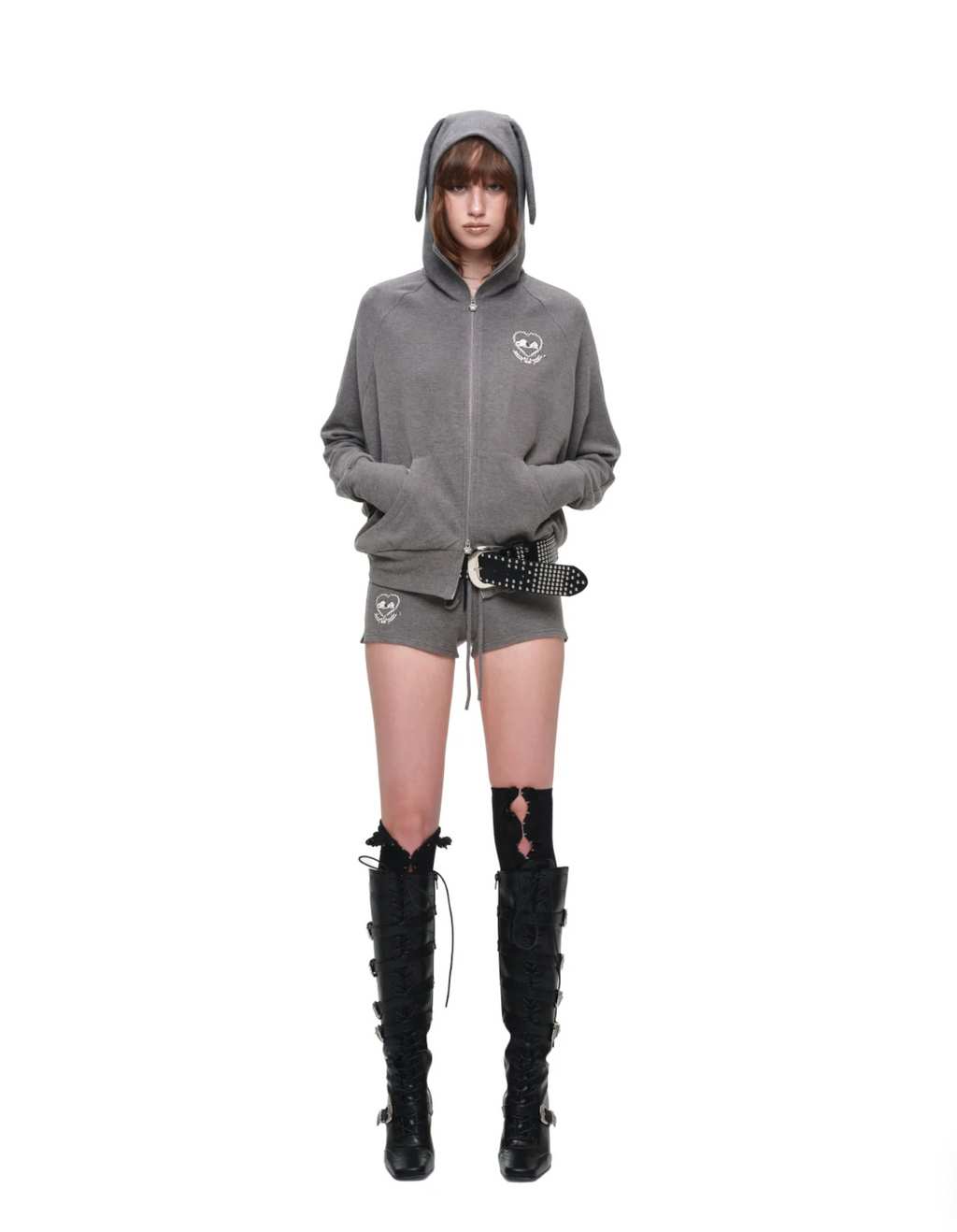 BUNNY EAR ZIP-UP HOODIE & DRAWSTRING MINI SHORTS SET – 2colors