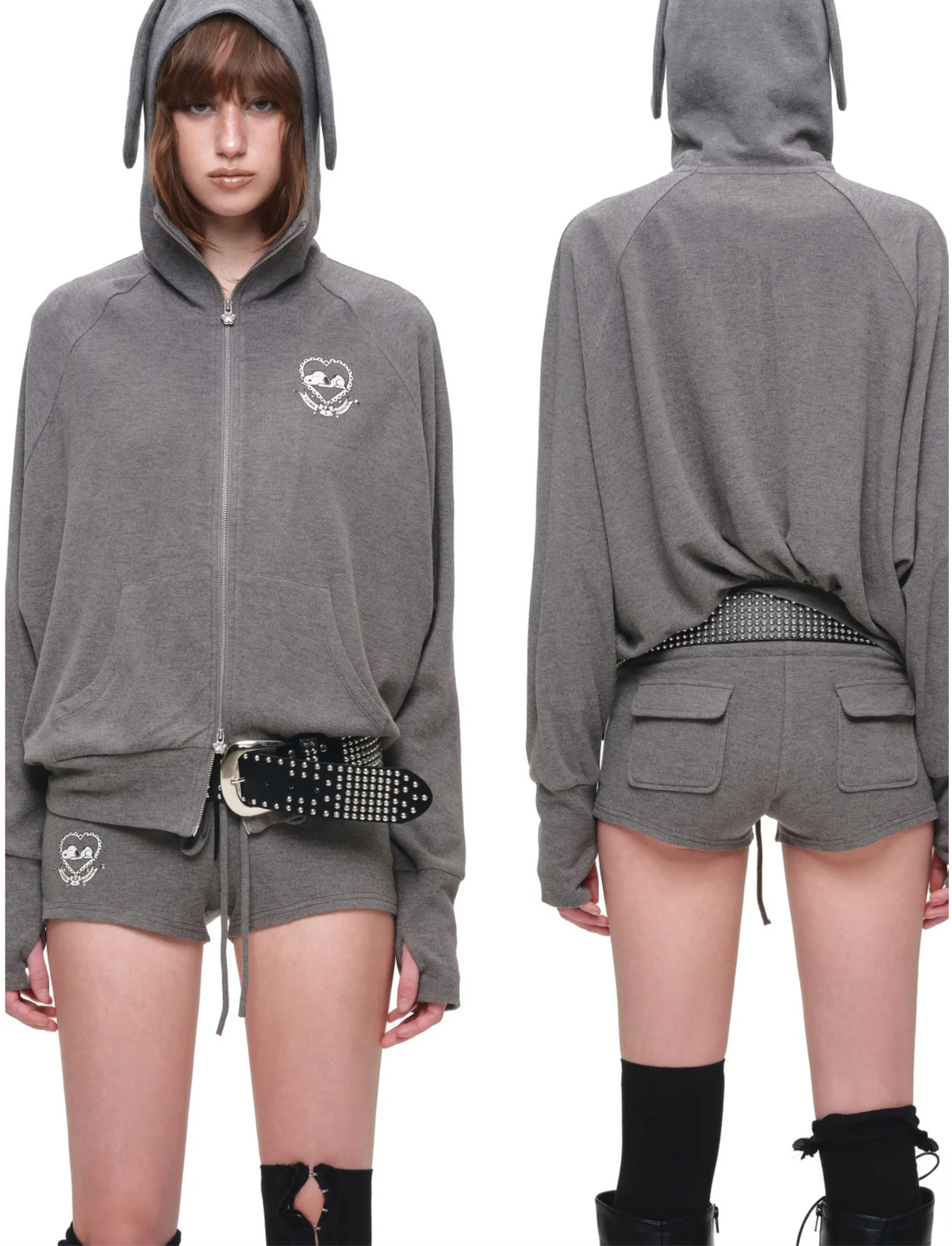 BUNNY EAR ZIP-UP HOODIE & DRAWSTRING MINI SHORTS SET – 2colors