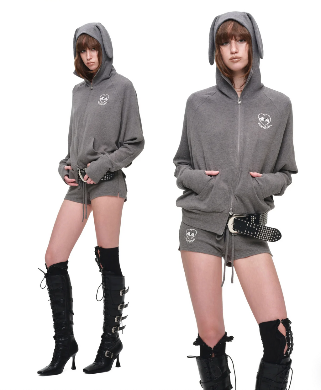 BUNNY EAR ZIP-UP HOODIE & DRAWSTRING MINI SHORTS SET – 2colors