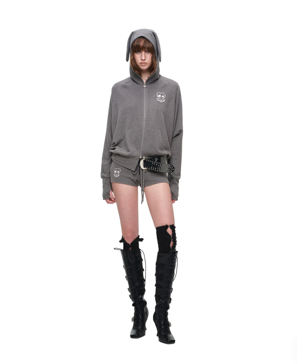 BUNNY EAR ZIP-UP HOODIE & DRAWSTRING MINI SHORTS SET – 2colors