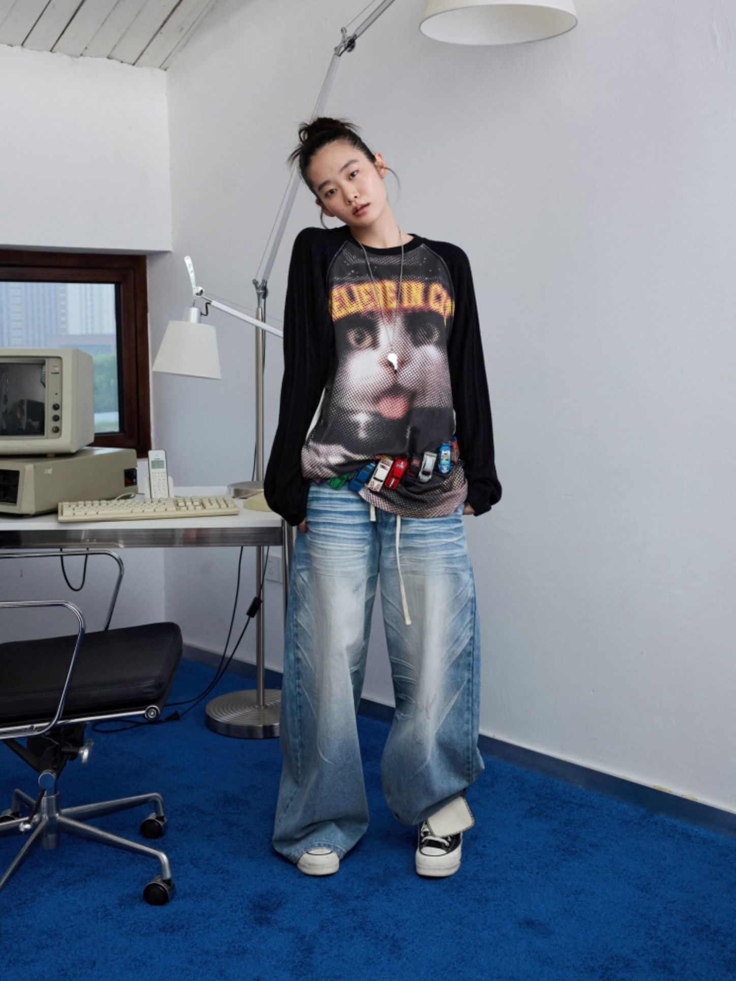 ♱ オートバイ ブラックネコプリント ニットTシャツ ♱