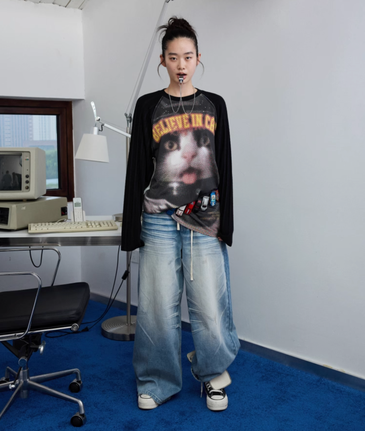 ♱ オートバイ ブラックネコプリント ニットTシャツ ♱