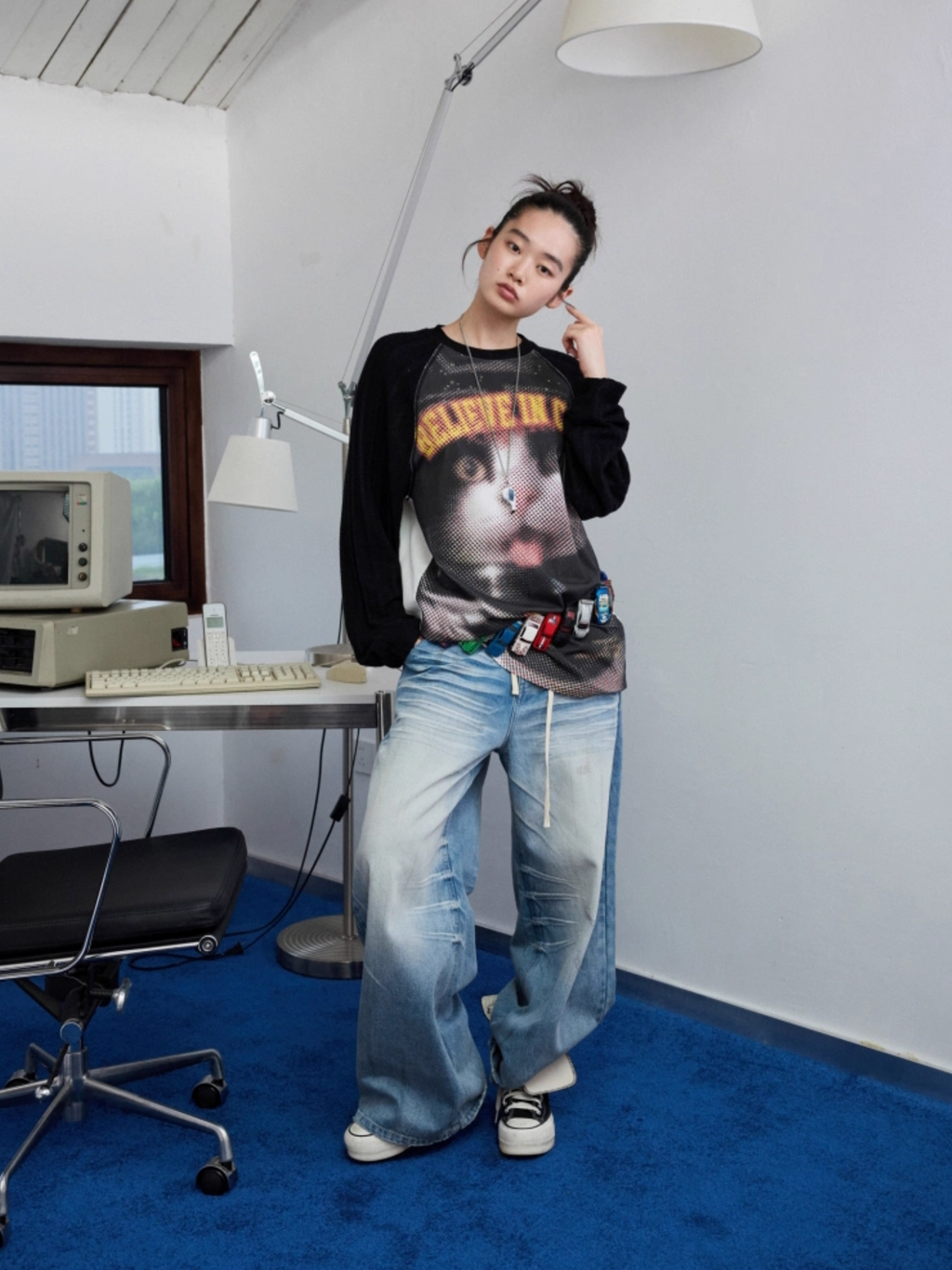 ♱ オートバイ ブラックネコプリント ニットTシャツ ♱