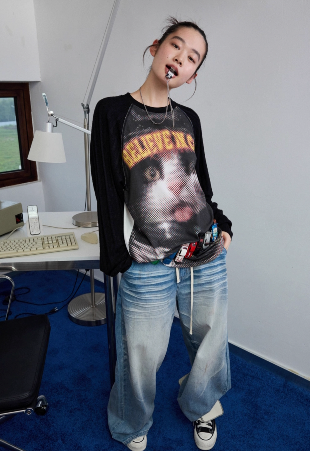 ♱ オートバイ ブラックネコプリント ニットTシャツ ♱