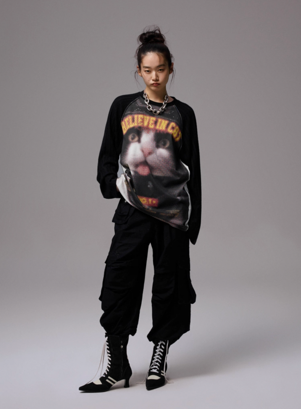 ♱ オートバイ ブラックネコプリント ニットTシャツ ♱