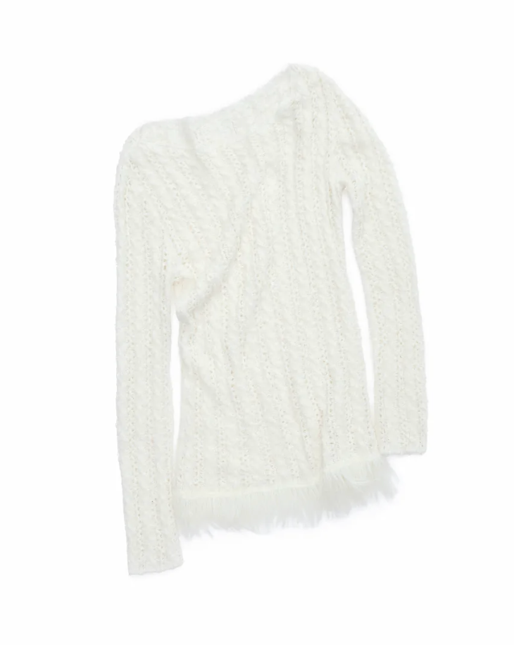 OPENWORK CABLE FRINGE BOAT-NECK KNIT TOP – 2colors