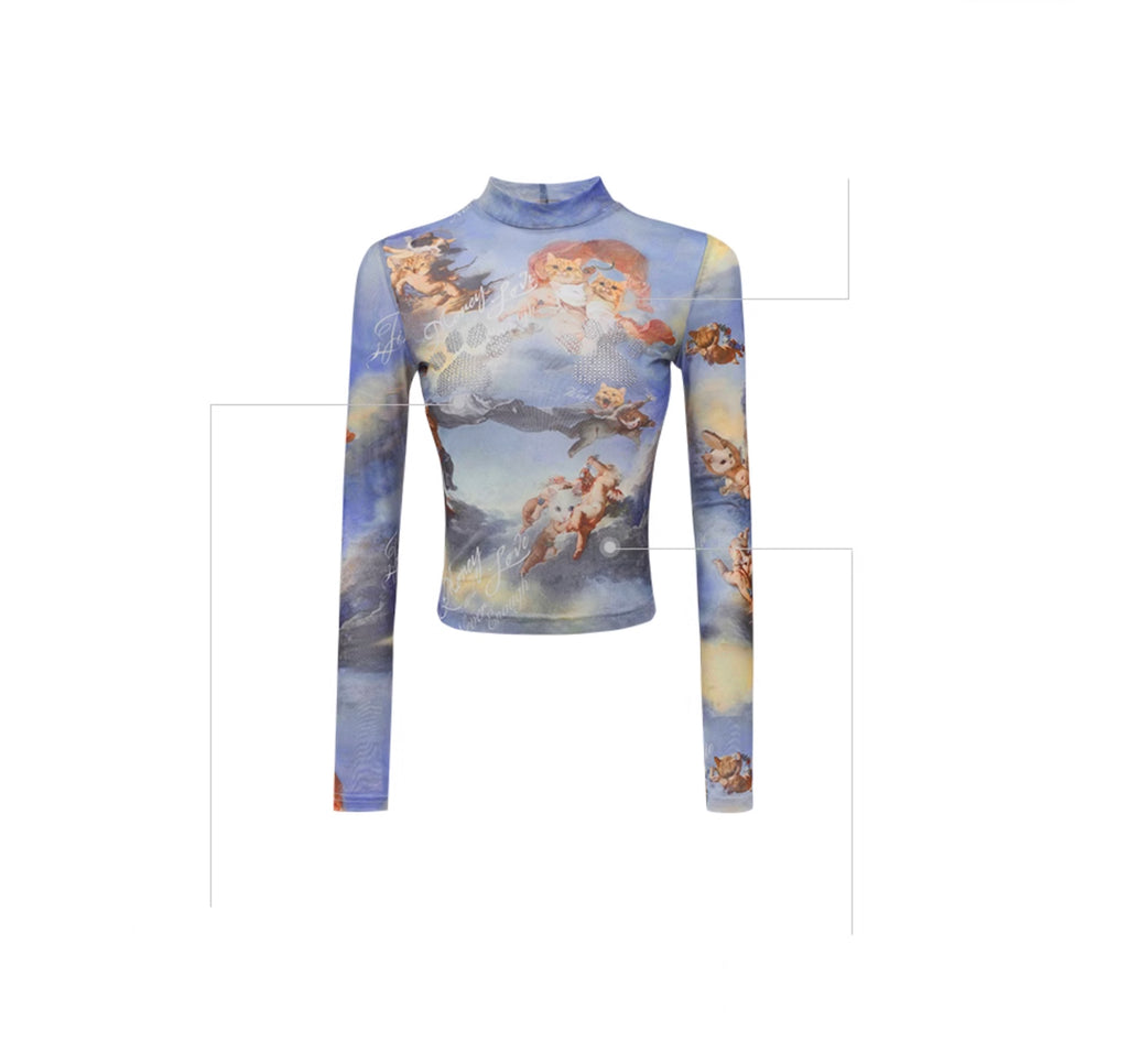 ANGEL KITTEN PRINTED MESH CROP TOP & PANTS