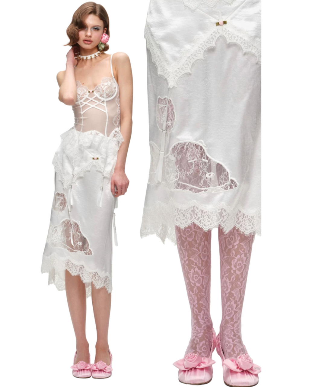 SLEEPING SNOOPY DOG ASYMMETRIC LACE SATIN MIDI SKIRT