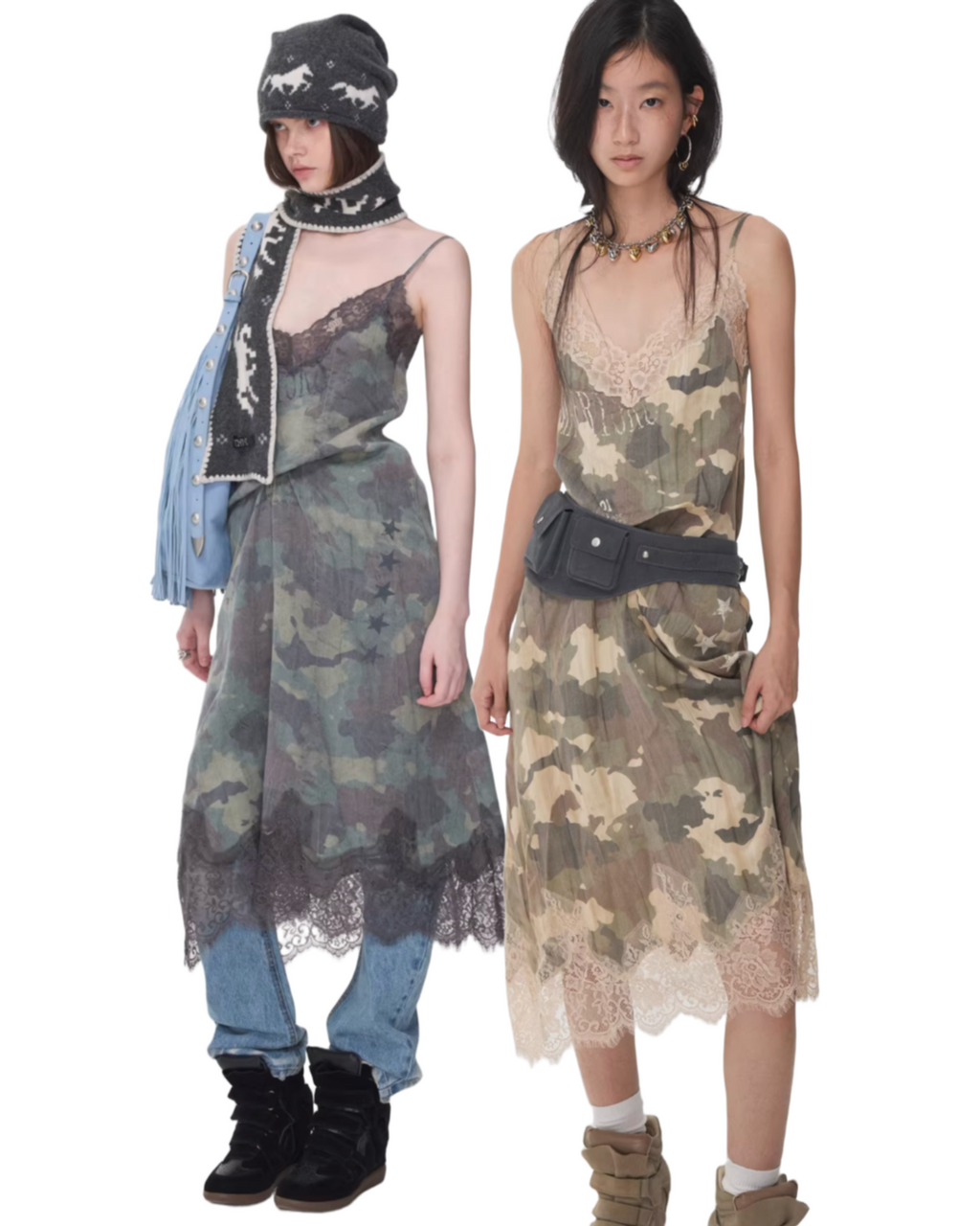 LACE TRIM CAMO SLIP DRESS – 2colors