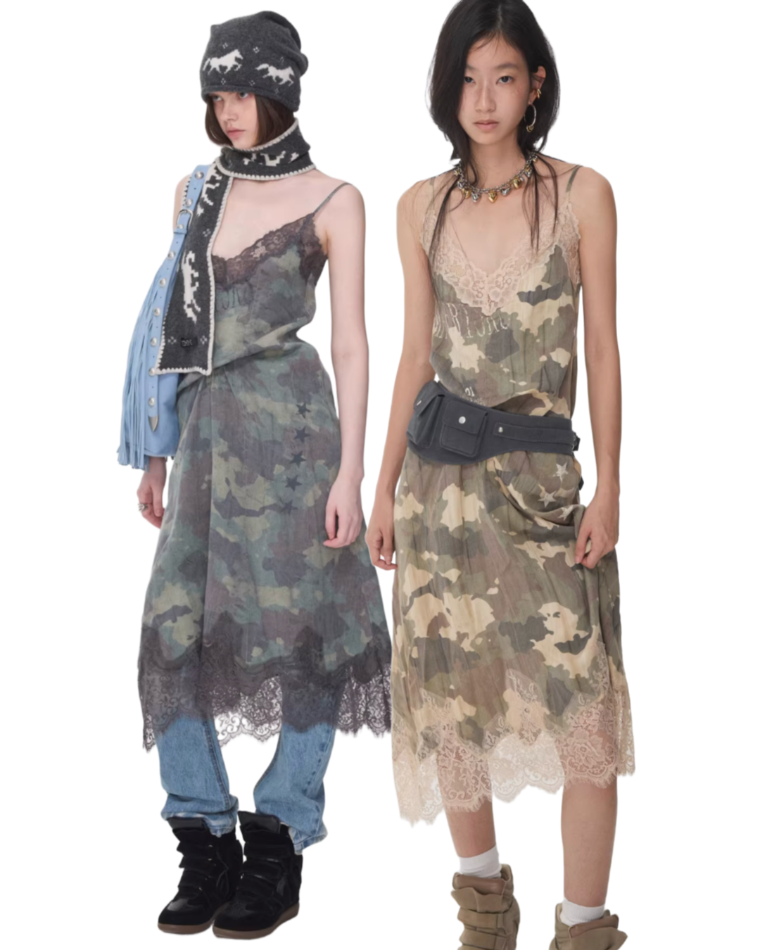 LACE TRIM CAMO SLIP DRESS – 2colors