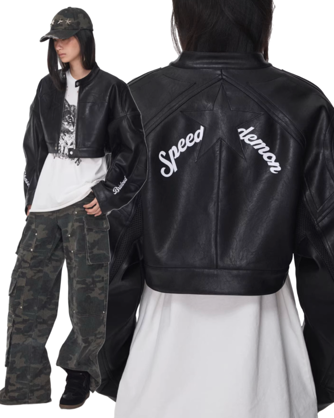 LETTER PRINT STRUCTURED CROPPED MOTO JACKET
