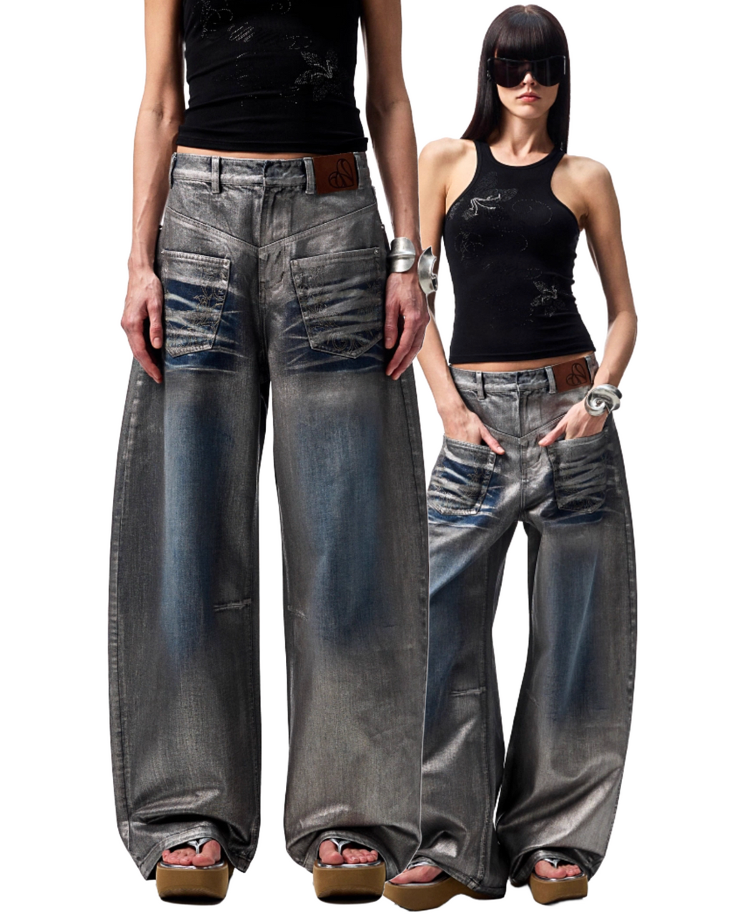 CHU METALLIC WASHED WIDE-LEG JEANS