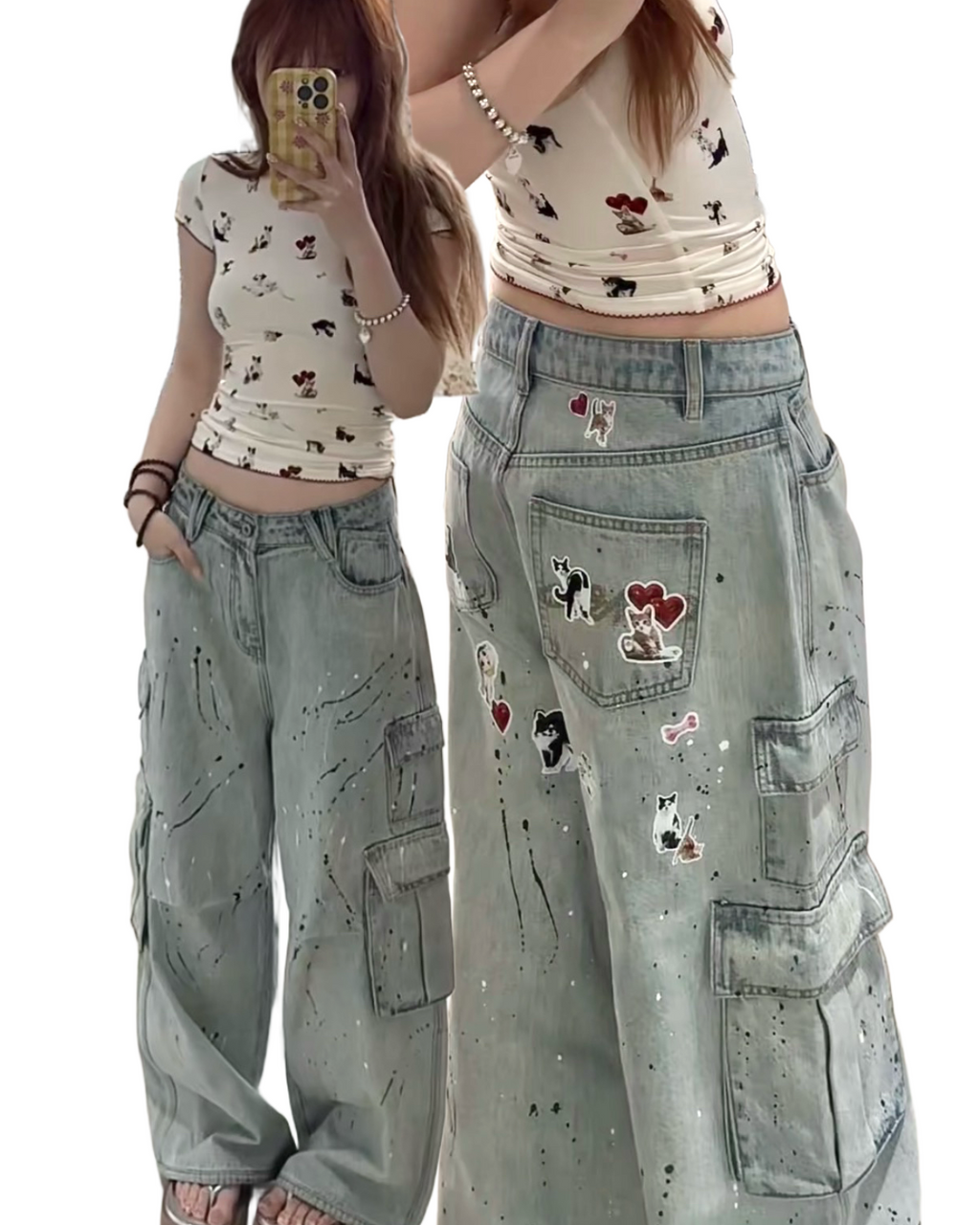 CAT BLESS YOU CARGO DENIM PANTS – 2colors