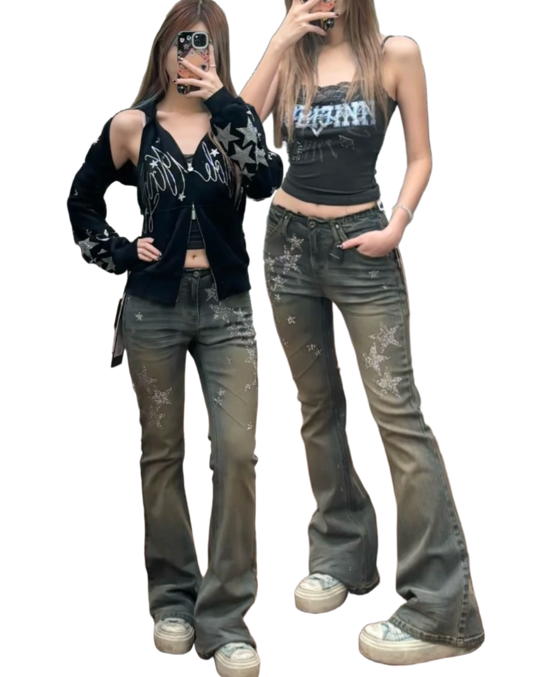 ⭑1JINN EXCLUSIVE ITEM AVAILABLE EXCLUSIVELY ONLINE AT SHELONGZ⭑ IN STOCK ♱ Y2K STAR STUDS & RHINESTONE STARS JEANS - 2styles