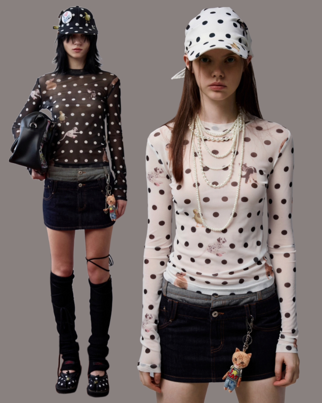 ♱ MOKA ポルカドット ペットプリント モックネックトップ（全2色）♱