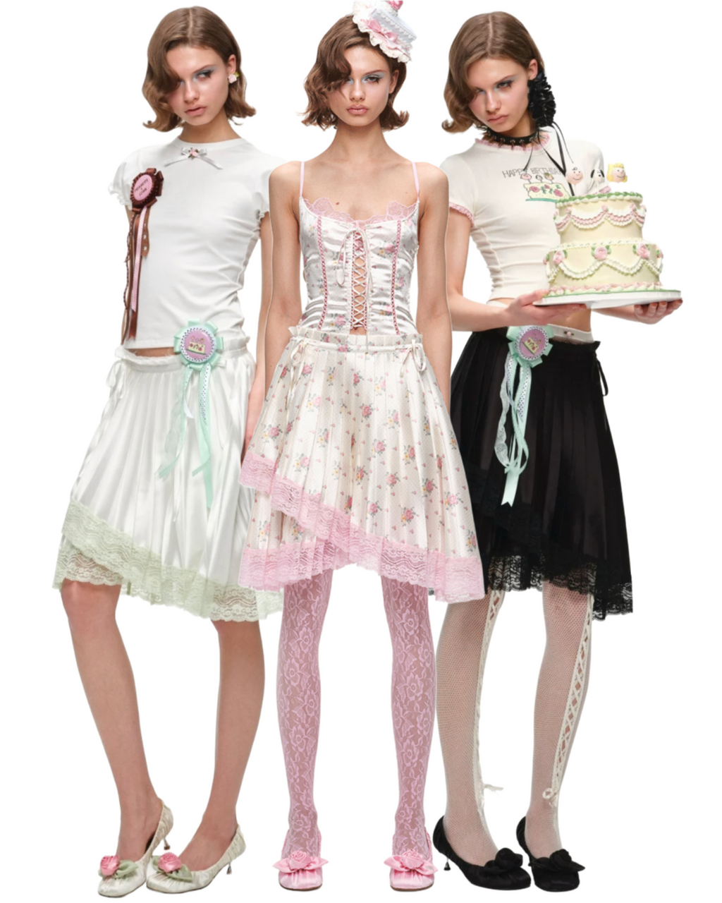 ASYMMETRIC LACE PLEATED MIDI SKIRT – 3colors
