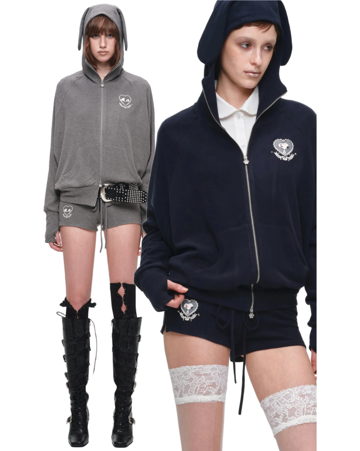 BUNNY EAR ZIP-UP HOODIE & DRAWSTRING MINI SHORTS SET – 2colors