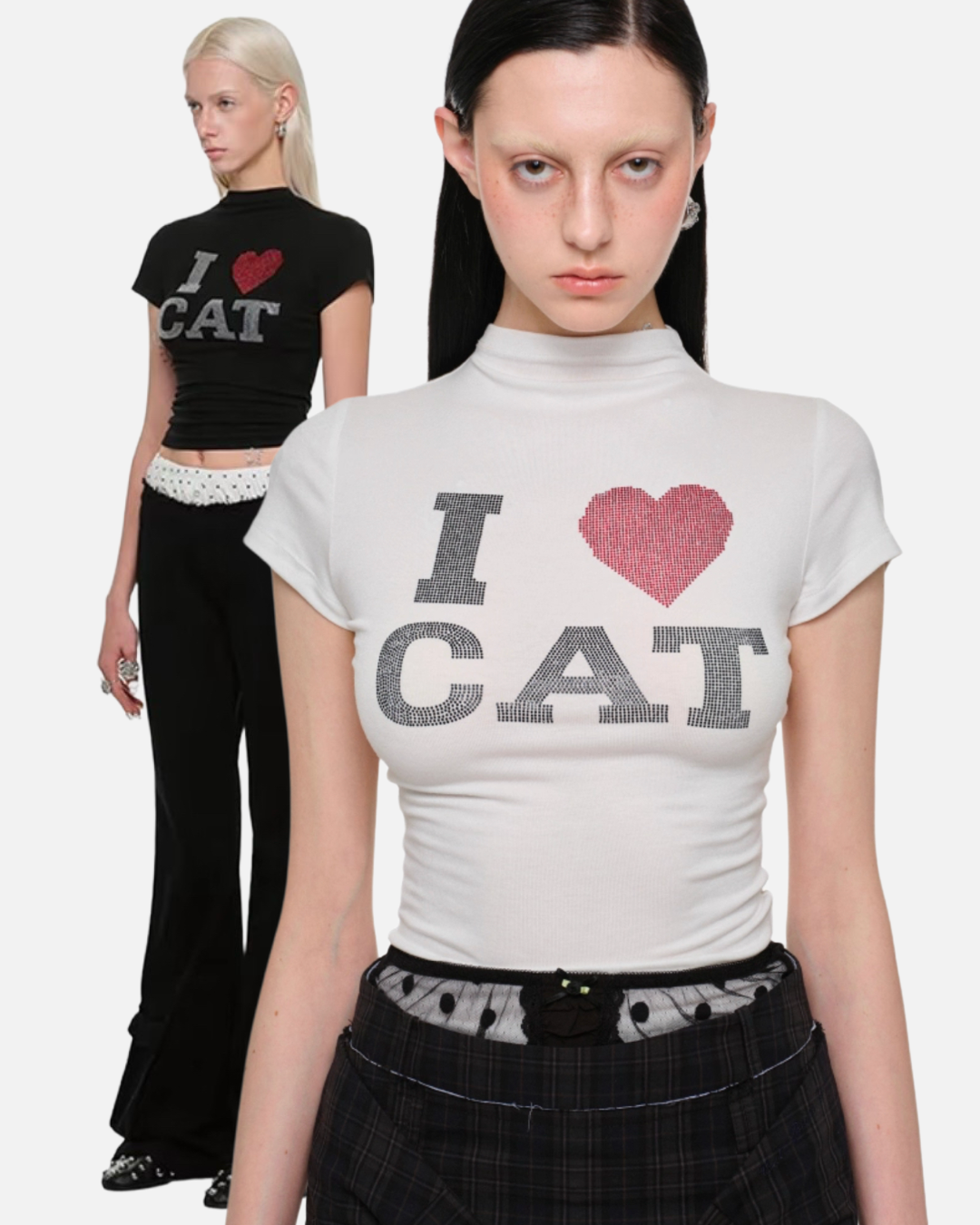 “I ♥ CAT” RHINESTONE FITTED T-SHIRT – 3colors