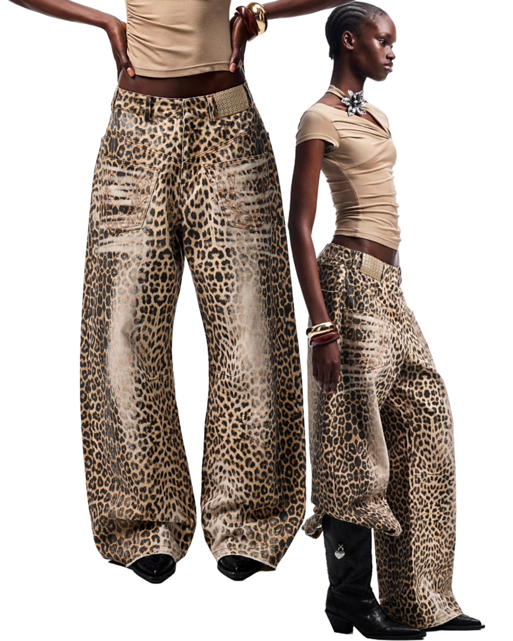 CHU WASHED LEOPARD WIDE-LEG JEANS