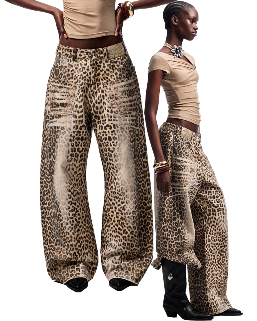 CHU WASHED LEOPARD WIDE-LEG JEANS
