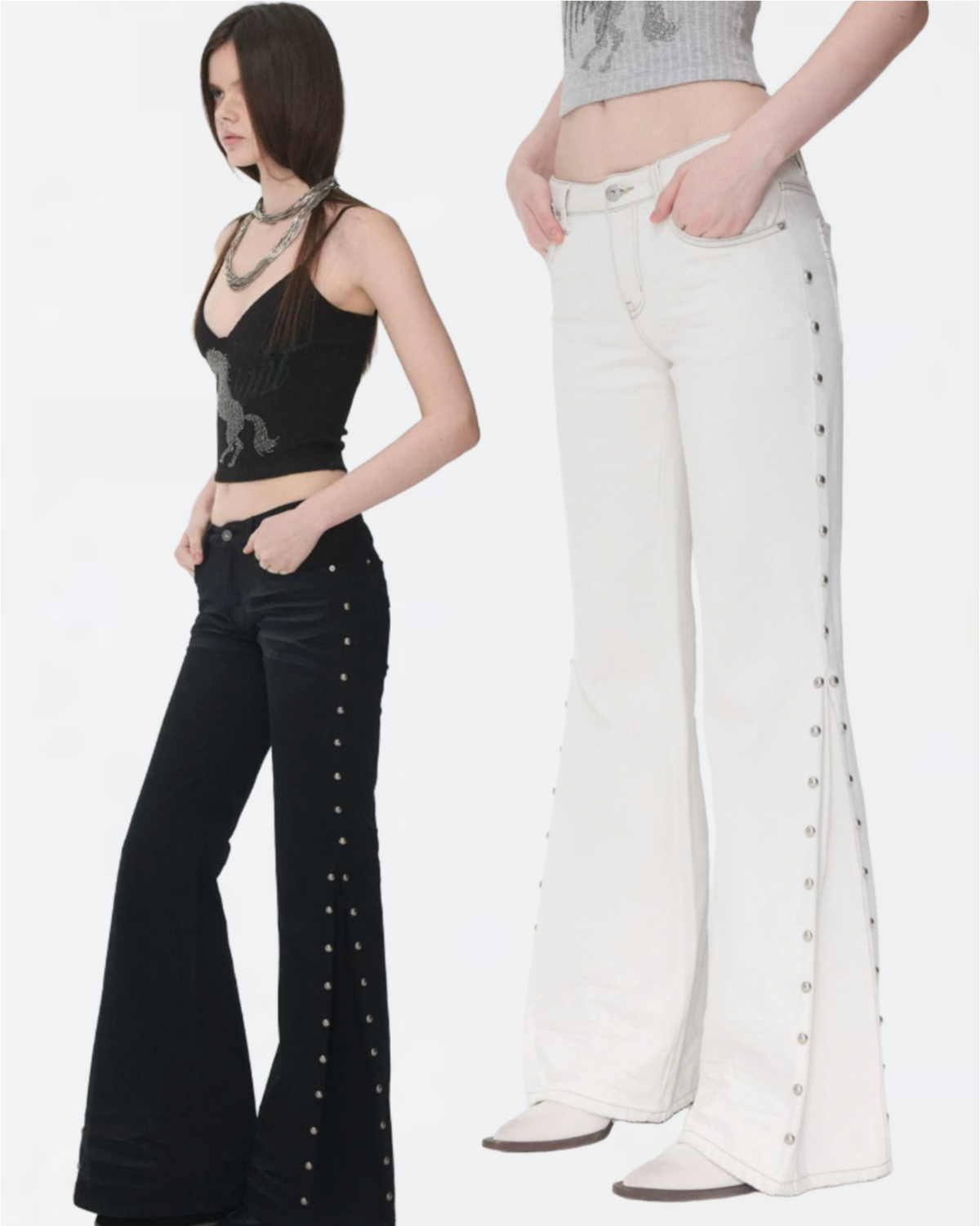 CAT-WHISKER STUDDED FLARED JEANS – 2colors