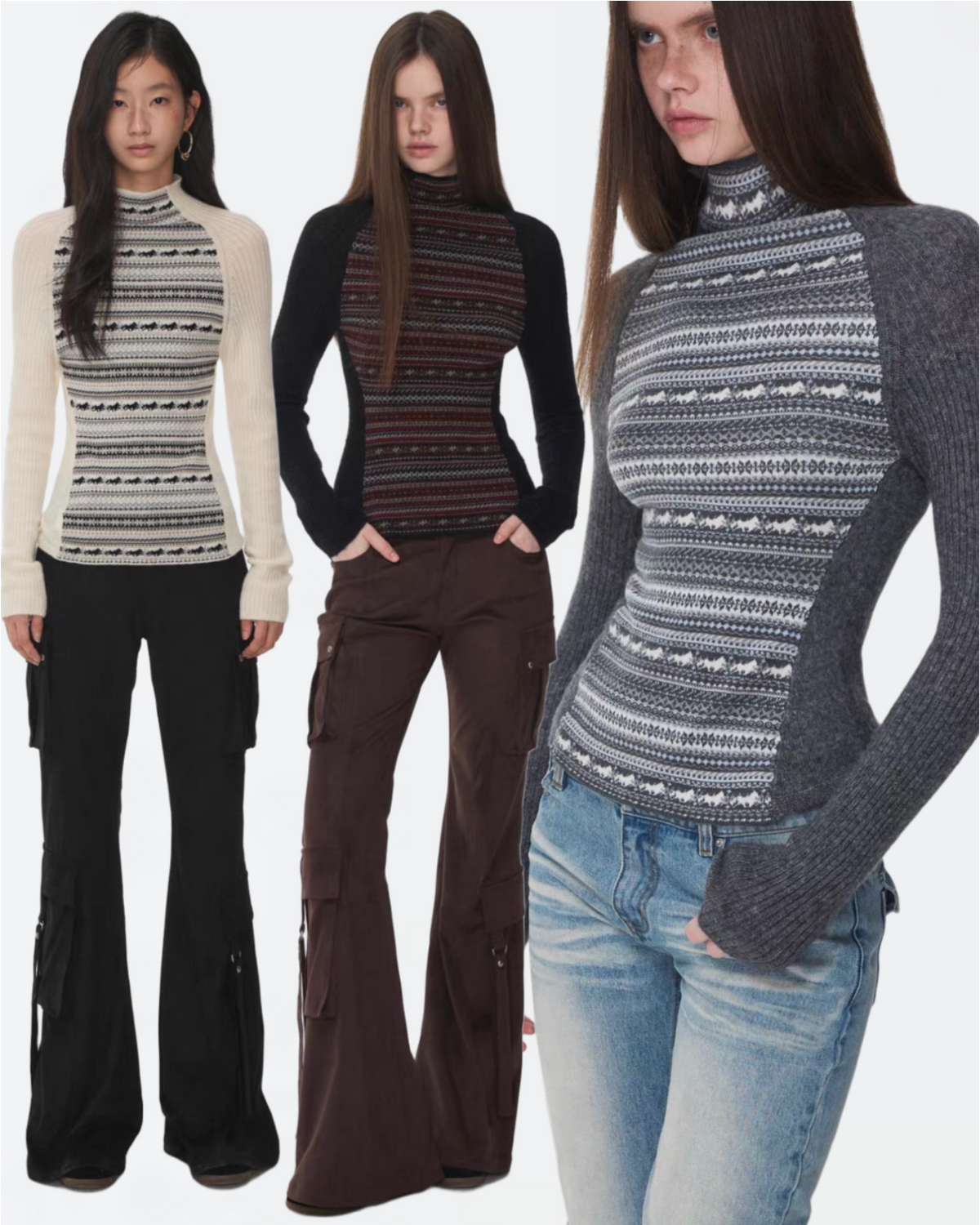 FAIR ISLE CONTRAST-PANEL HIGH-NECK KNIT TOP – 3colors