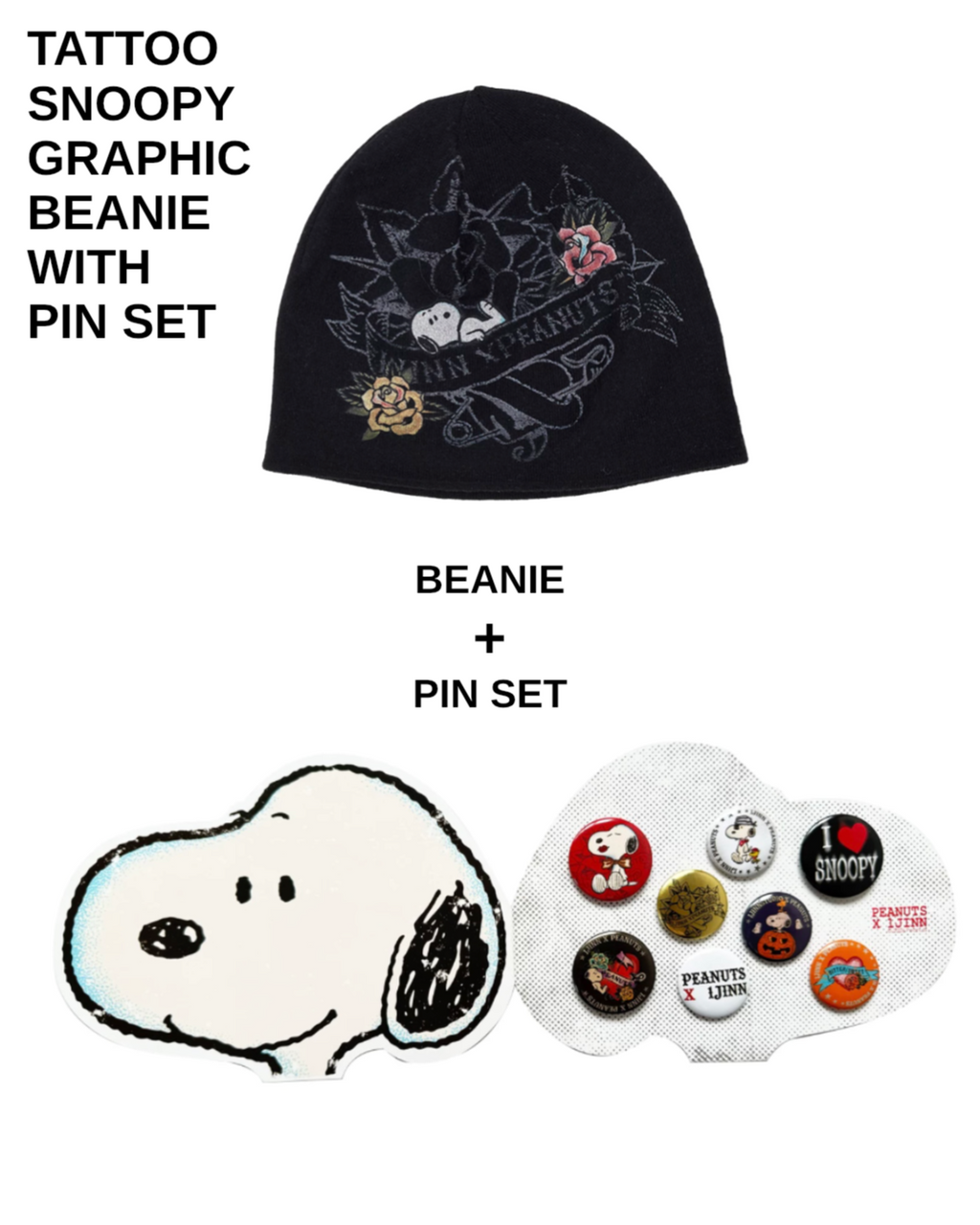 1JINN TATTOO SNOOPY GRAPHIC BEANIE WITH PIN SET – BLACK