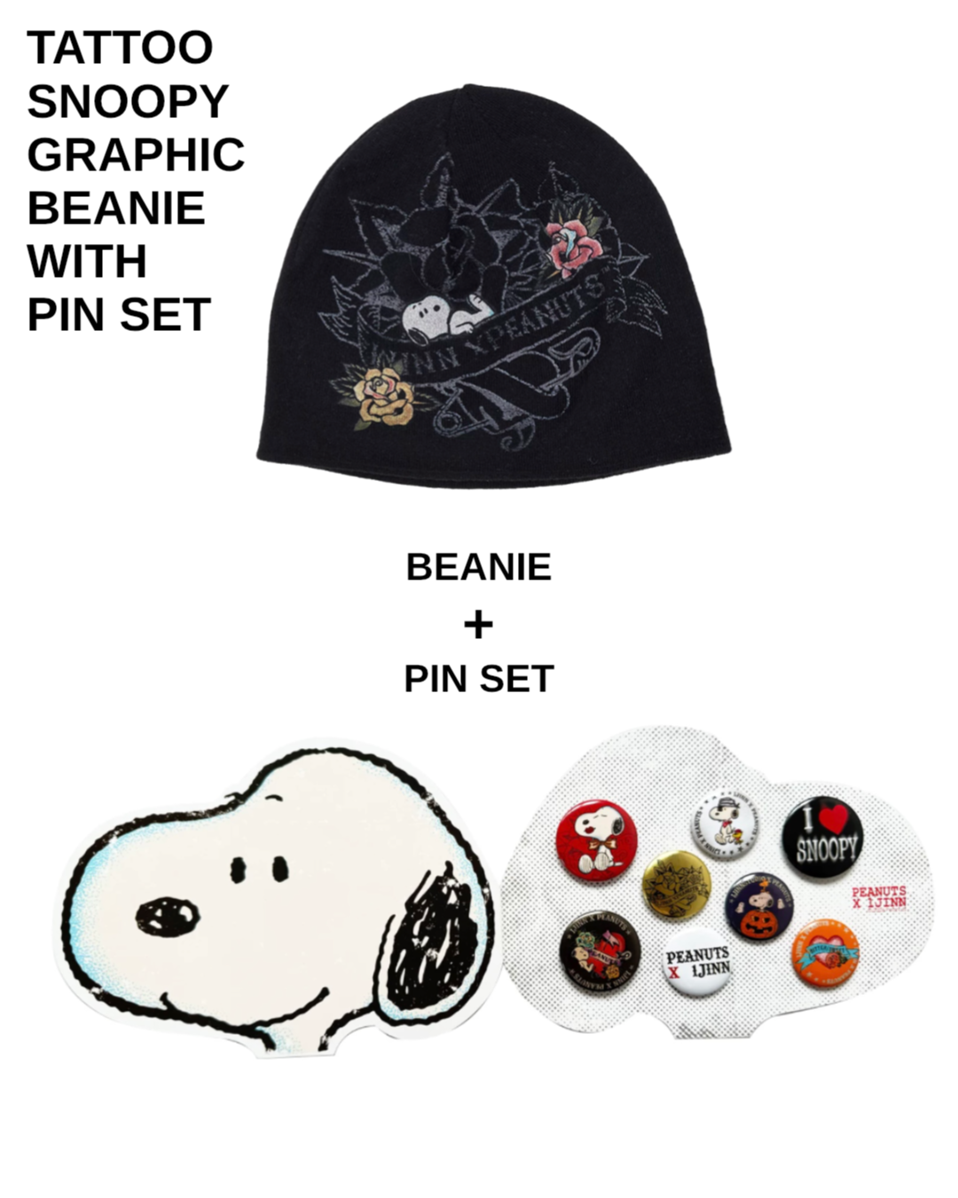 1JINN TATTOO SNOOPY GRAPHIC BEANIE WITH PIN SET – BLACK